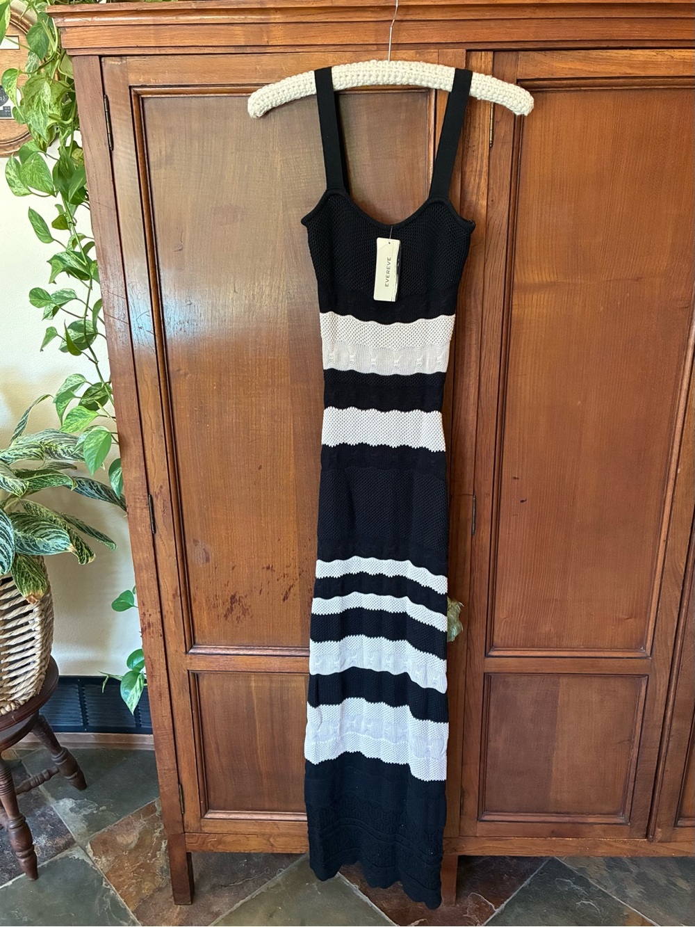 NWT Black/Taupe Striped Knit Midi Dress - Sleeveless Square Neck - Picture 3 of 4